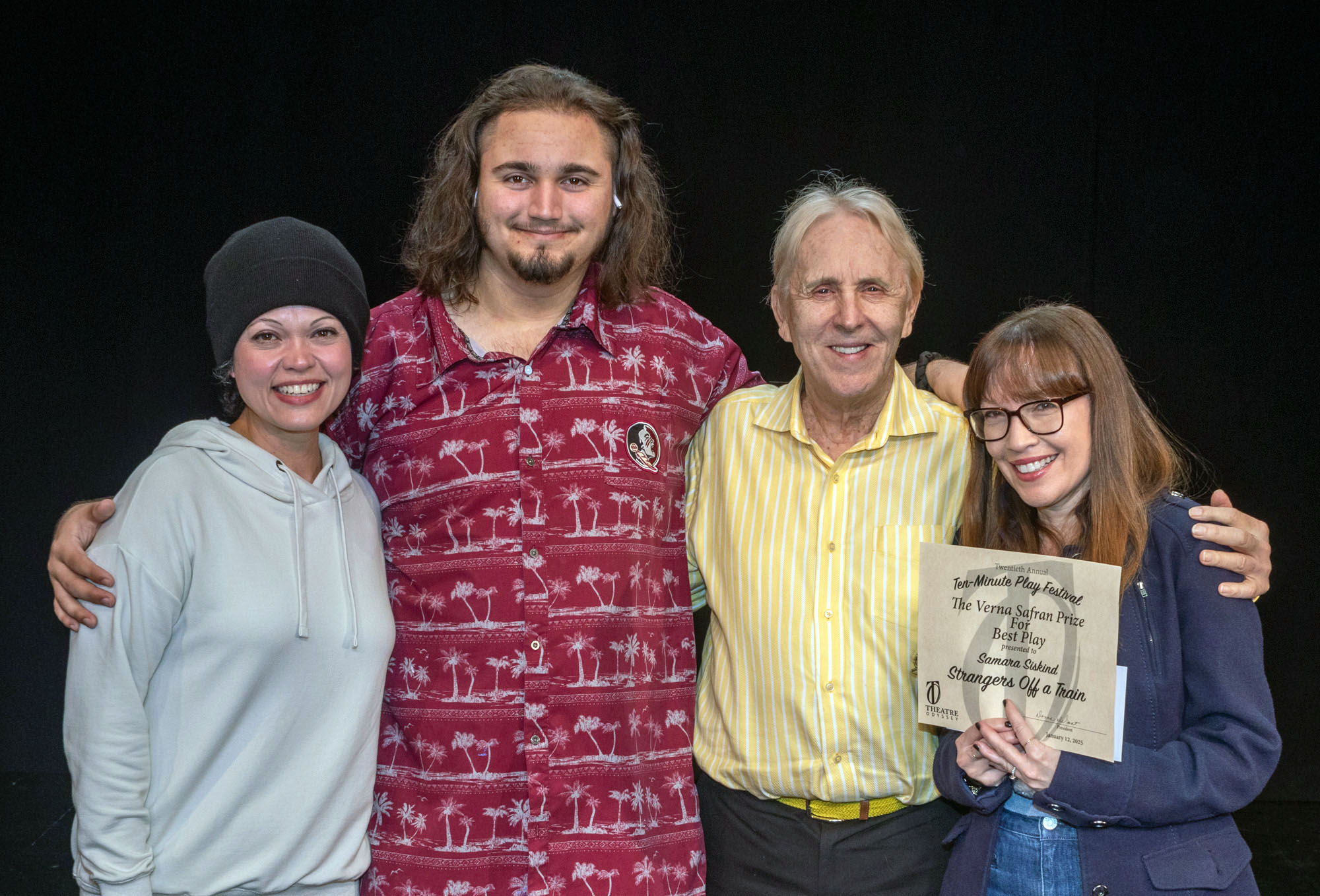 STRANGERS OFF A TRAIN—Yinoelle Colon, Aaron Schroeder, director Alan Brasington and playwright Samara Siskind.